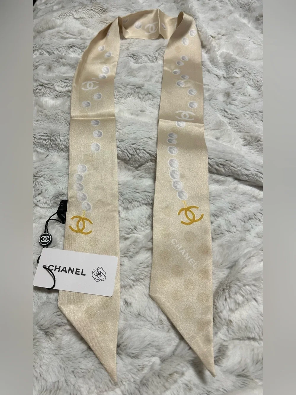 Double C Cream Silk Twilly with Gold Double C Motifs